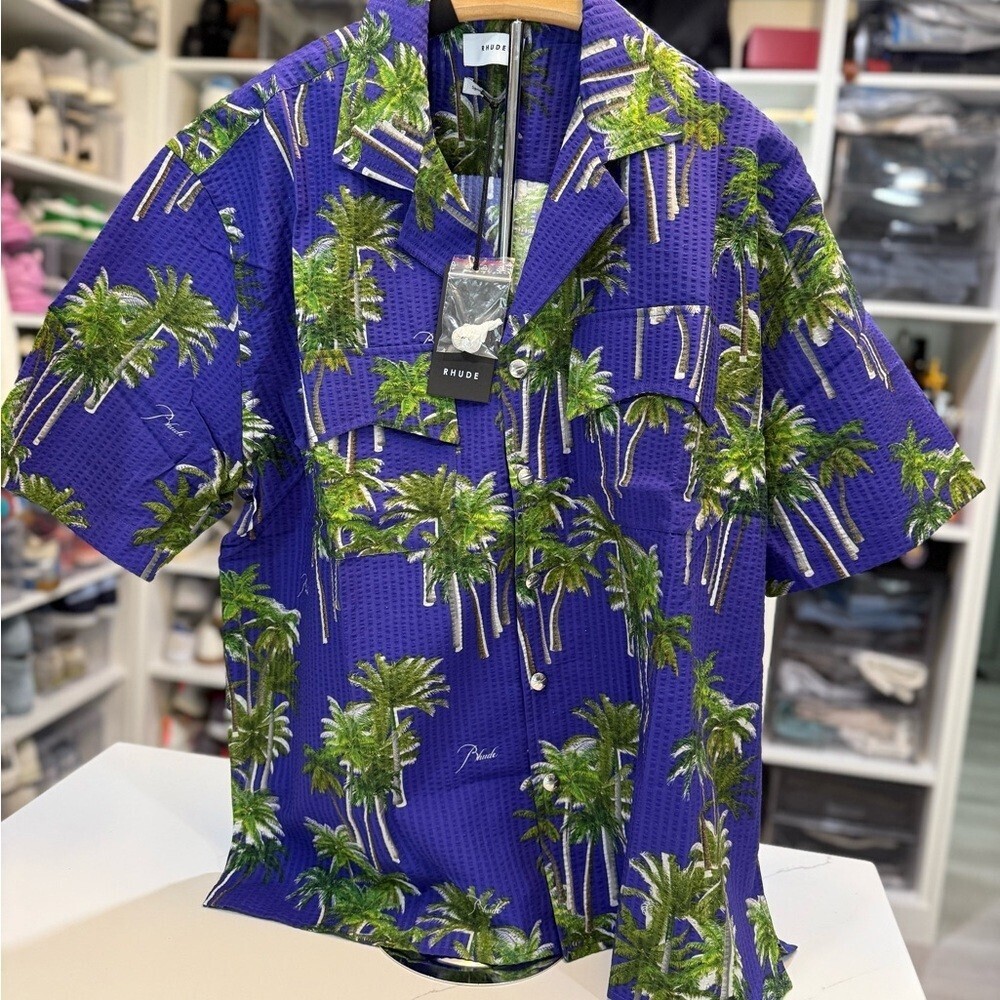Rhude Searsucker Hawaiian Blue Palm Tree Print Men's Shirt Size Large New